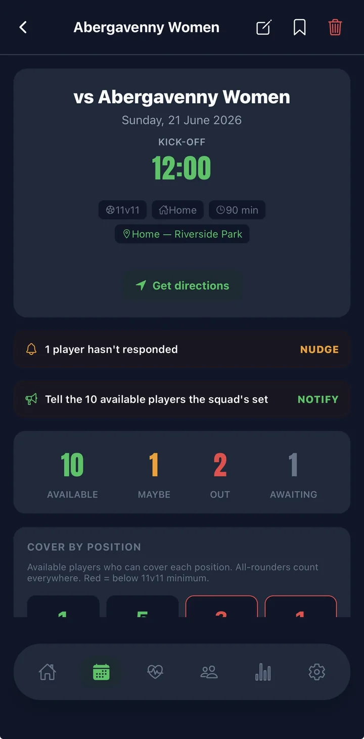 Squadd availability for an adult team — players set their own status