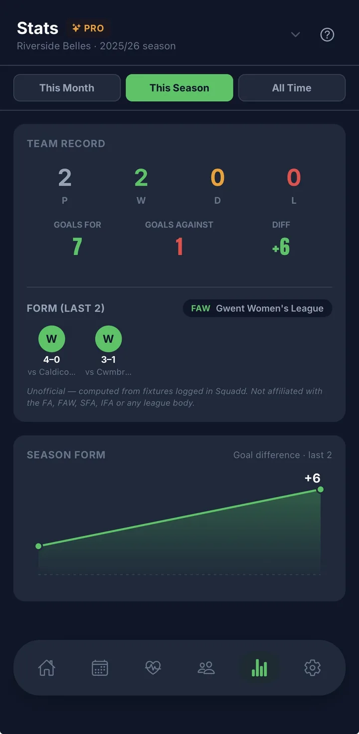 Squadd automatic season stats for an adult team