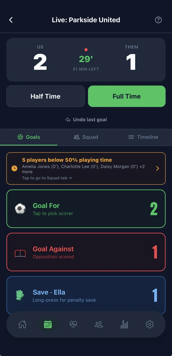 Squadd live match recording — live score, goals and substitutions