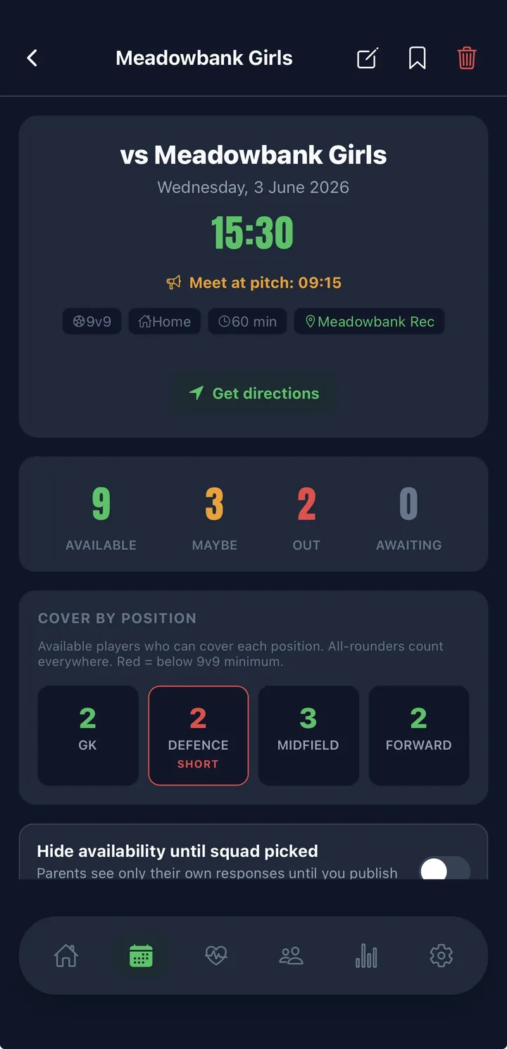 Squadd fixture day with one-tap parent availability