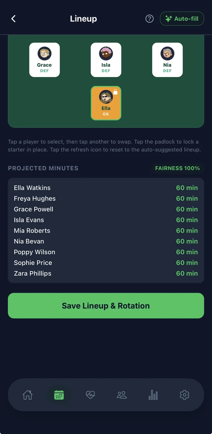Squadd lineup builder with fair-play rotation