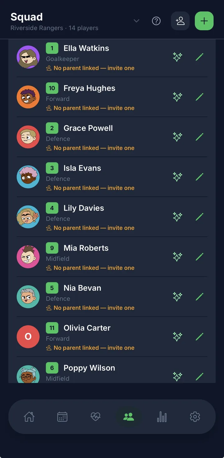Squadd squad list — player profiles, positions and shirt numbers