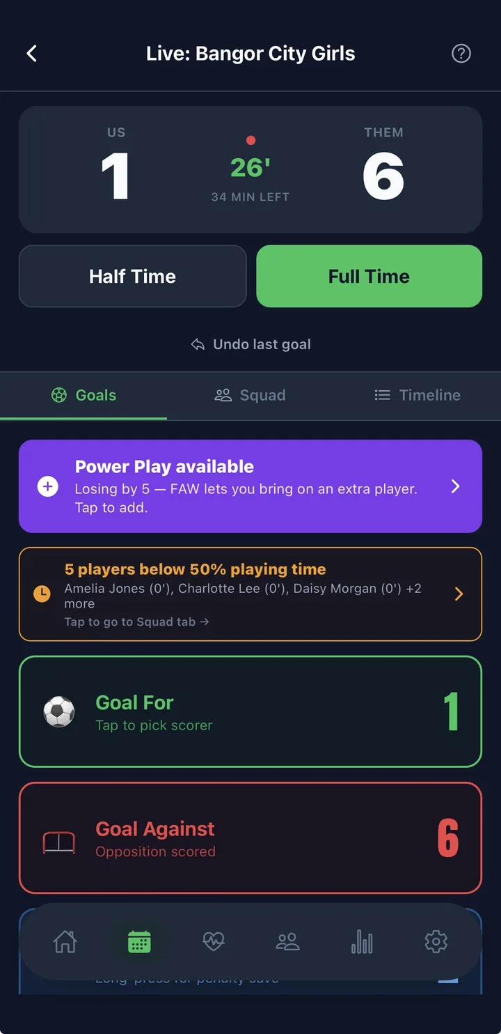 Squadd live match with Power Play — automatic catch-up player when your team falls behind